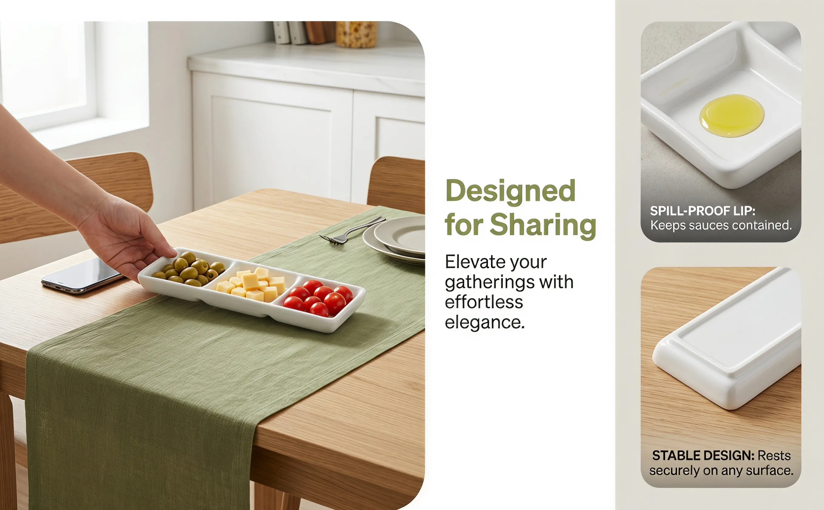 3-Compartment Ceramic Serving Tray for Sauce, Dip, Salsa, Dressing & Condiments – Rectangular Divided Food Tray