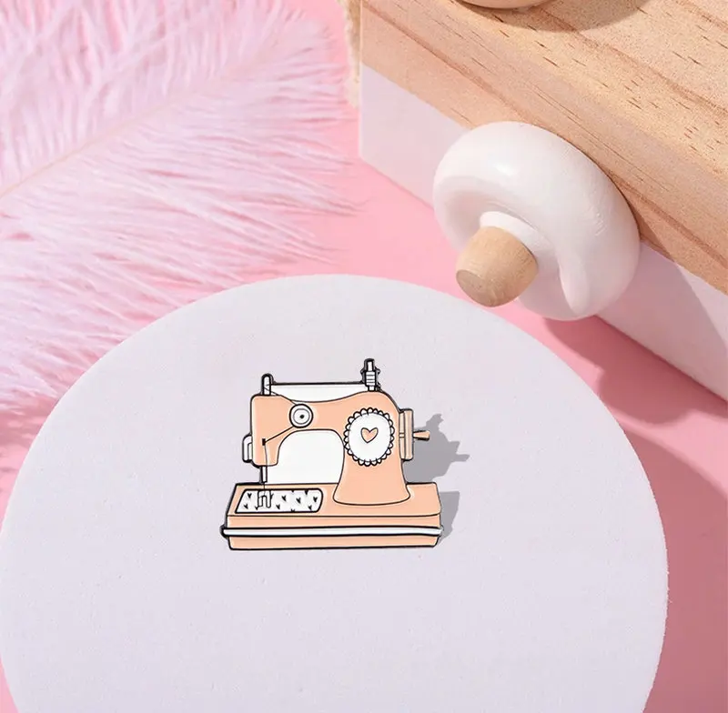 Enamel Pin Custom Brooches Bag Clothes Lapel Pin Handcraft Badge Cartoon Jewelry Gift for Kids Friends Pink Sewing Machine