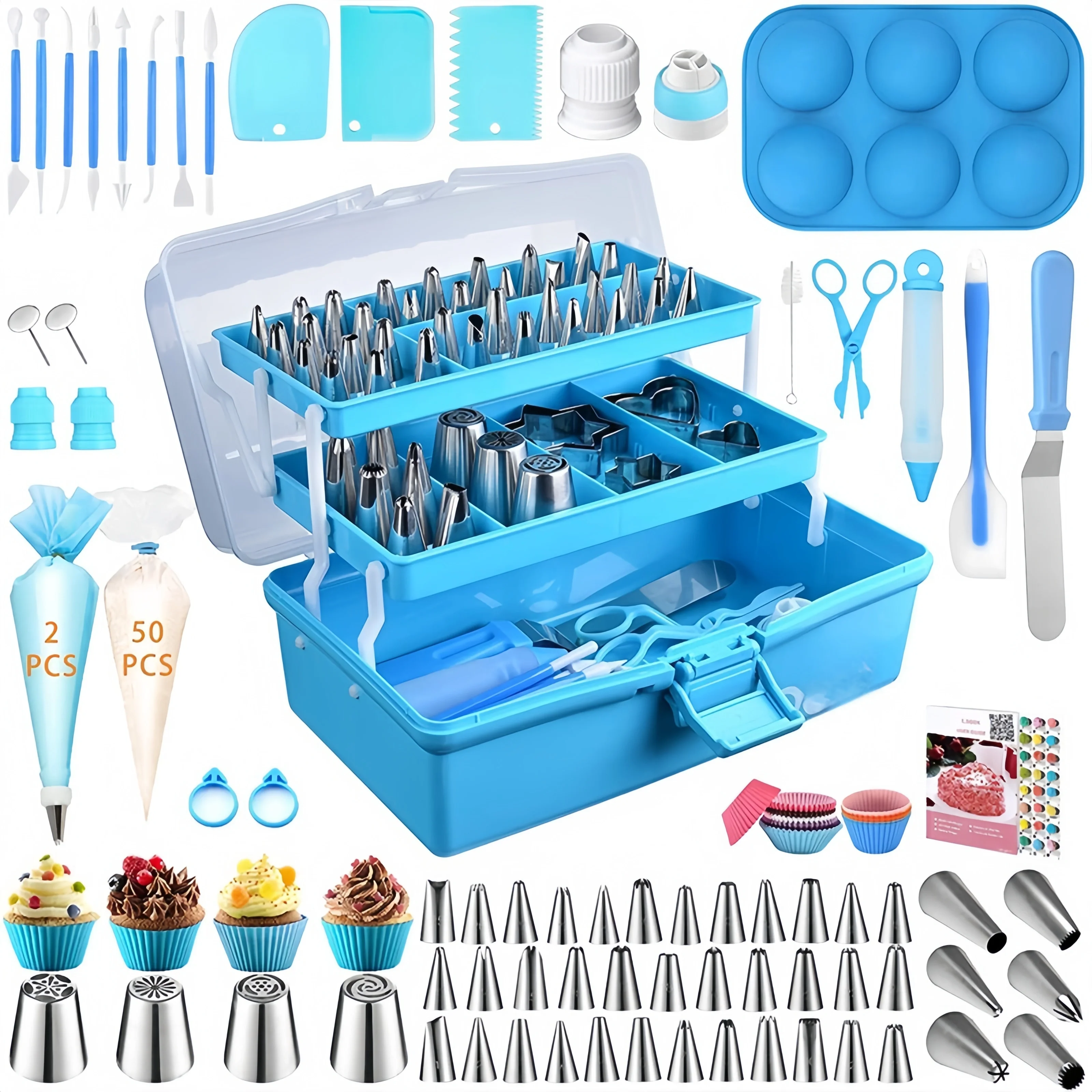 Complete Cake Decorating Kit with Organizer Storage Case, Stainless Steel Piping Nozzles, Pastry Bags, Spatula Scissors, Cupcake