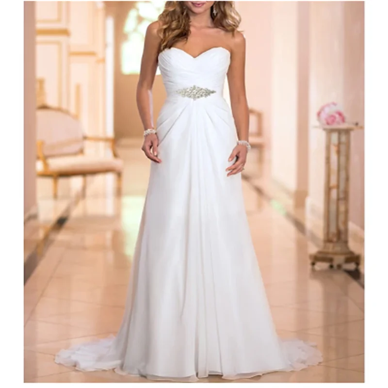 

Hall Simple Wedding Dresses A-Line Sweetheart Strapless Sweep / Brush Train Chiffon Bridal Gowns With Crystals dress to impress