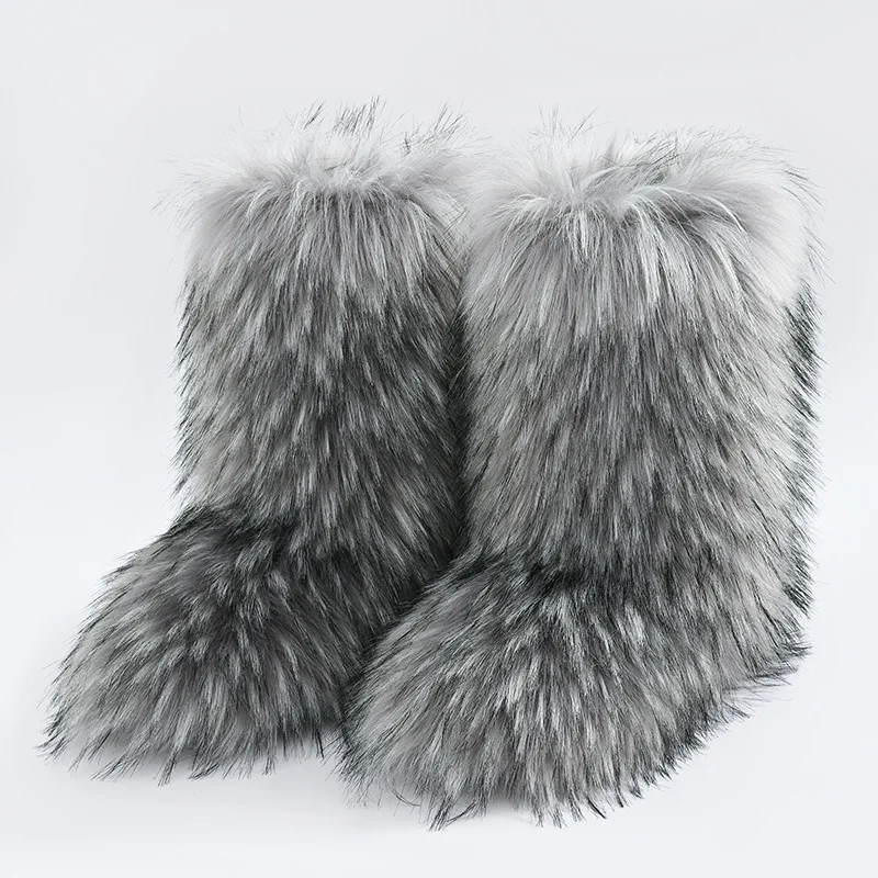 Fur boots y2k ladies wear warm and non-slip cross-border long-haired fur imitation raccoon fur winter snow boots.