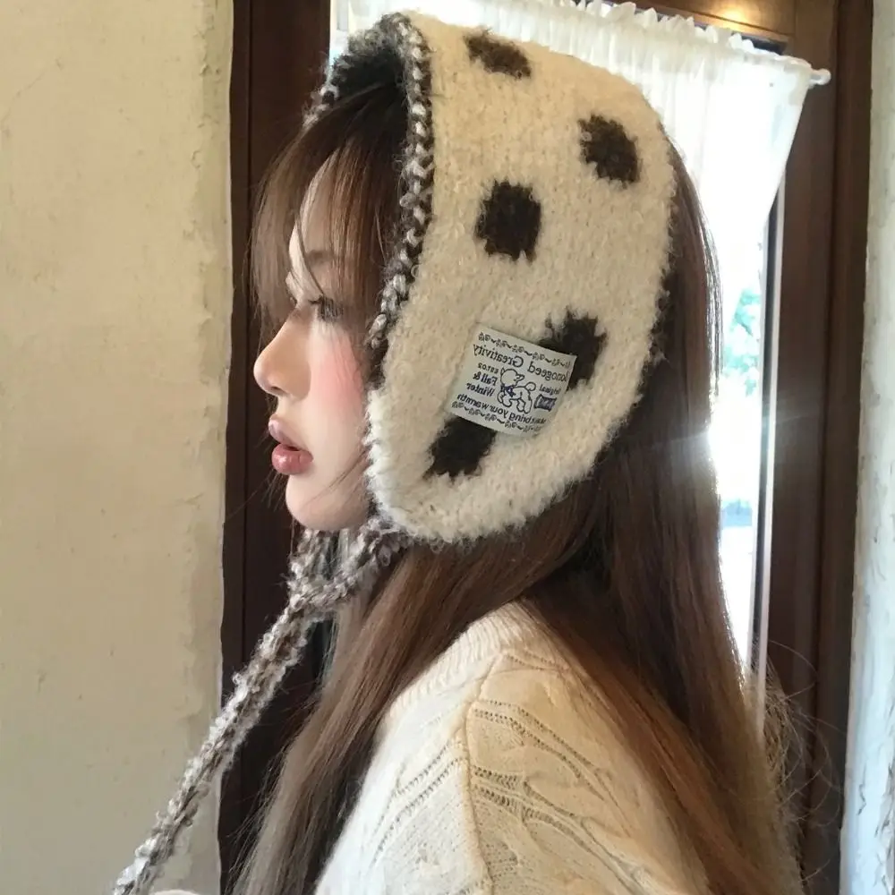 Polka Dot Wool Strappy Earmuffs Thicken Solid Color Knitted Ear Warmer Double Side Keep Warm Bandage Earlap Casual Wear