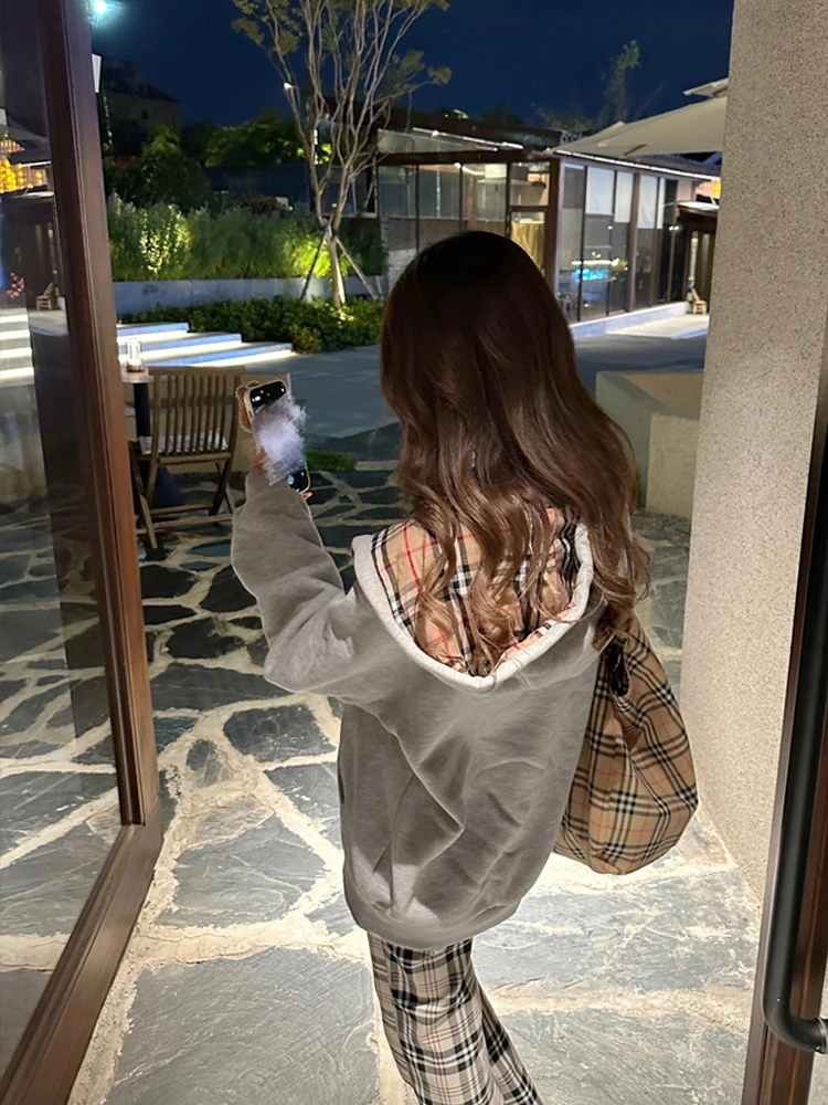 Light Grey Outwear plaid Sweatshirt Women Hooded Cardigan American Fashion Hip Hop Leisure Loose Winter Long Sleeves Coat Tops