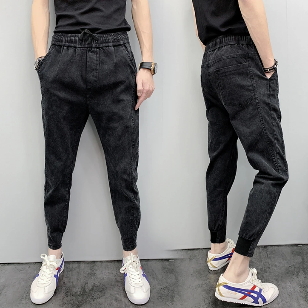 2022 Summer Men's Jeans Jogger Thin Harem Pants Cotton Banded Pant Korea Style Light Blue Hip Hop Beam Feet Casual Trousers Male