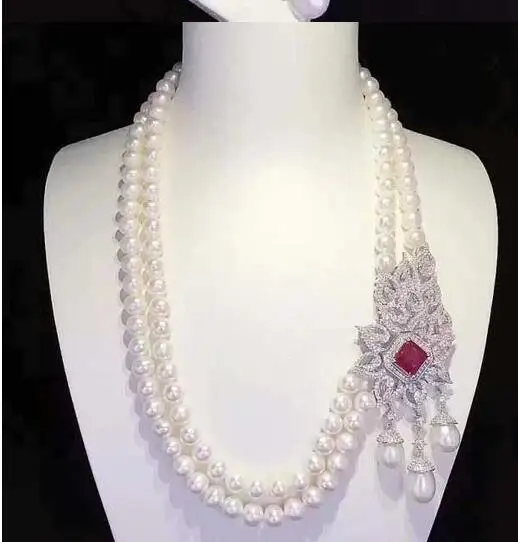 

free shipping 2row 8-9MM White pearl Jewelry zircon flower Hot sell necklace 18-19inch