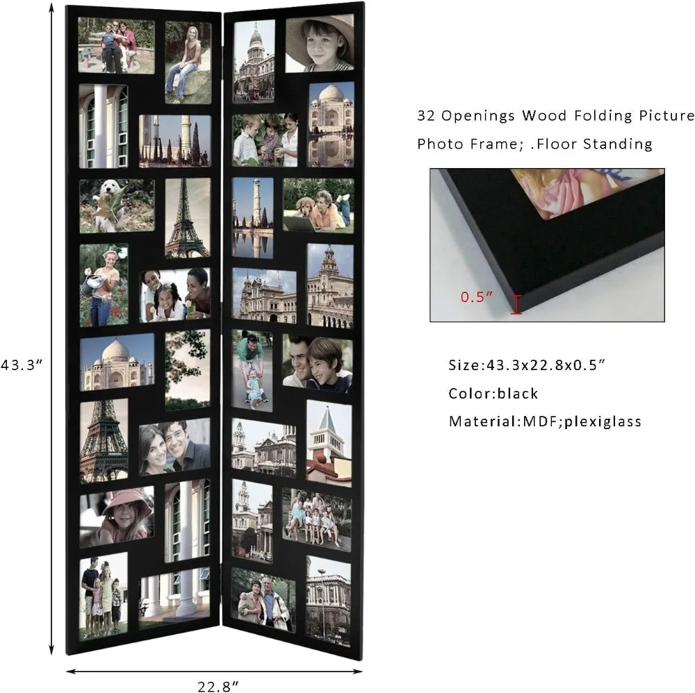 Asense Decorative 32 Openings 4 By 6 Inch Black Wood Hinged Folding Partition Screen-Style Collage Picture Photo Frame Floor