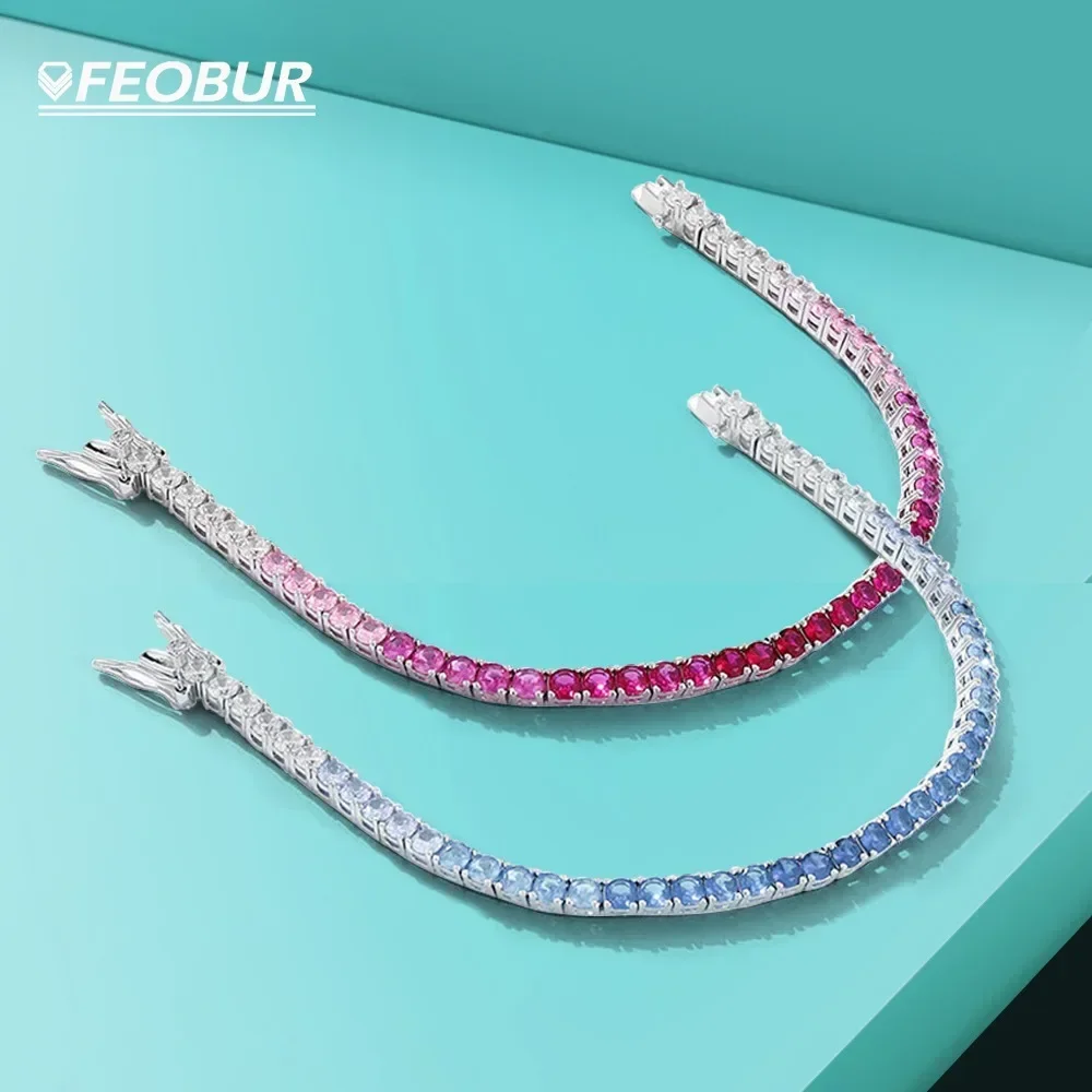 

FEOBUR 3mm Gradient Blue High Carbon Diamond Tennis Bracelet for Women S925 Sterling Silver Gemstone Bracelets Party Jewelry