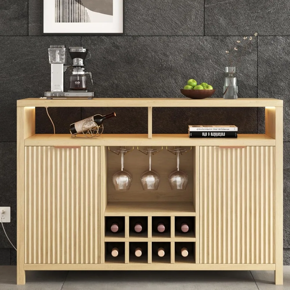 

Bar Wine Cabinet with LED Light, Charging Station Wine Rack - Buffet Cabinet with Storage Fluted Credenza Cabinet