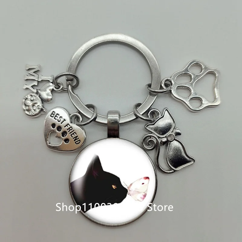 Fashion cute animal paw print keychain cat dog I love glass pendant mini heart keyring car key man girl favorite gift souvenir