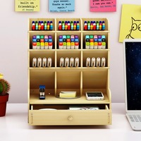 Single Wooden Desktop Organizer DIY Desktop Neat Pen Holder Large Capacity Stationery Storage Box Drawer Stationery Storage