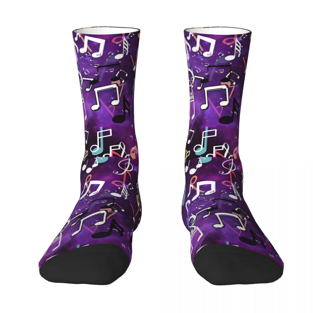 Funny Men's Socks Purple Glow Music Notes Retro Hip Hop Casual Crew Sock Gift Pattern Printed