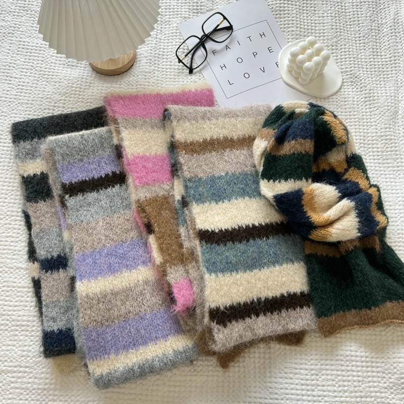 Winter INS Striped Warm Winter Dopamine Scarf Women Shawl Lady Colorful Striped Scarves Knitted Scarves For Women