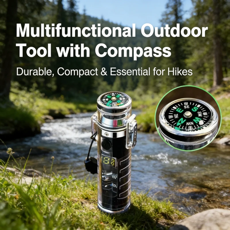 Multi-Function Outdoor Survival Tool - Waterproof Compass + Dual Arc Type-C USB Plasma Lighter + LED Flashlight