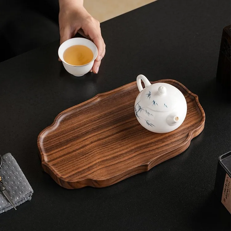 手作りの無垢ウォールナット製茶盤、水波模様彫刻入り、木製ワックス仕上げ、茶杯収納、スナック用トレイ