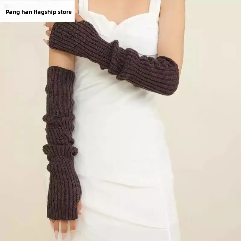 

Длинные вязаные перчатки-рукавицы женские зимние, утепленные, из шерсти, декоративные, коричневые, теплые и стильные