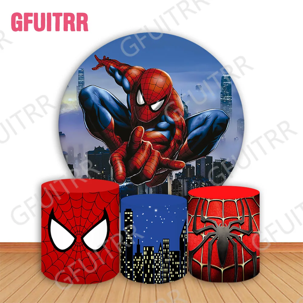 Spiderman Round Backdrop Kids Birthday Party Decor Superhero Circle and Cylinder Covers Baby Shower Photo Background