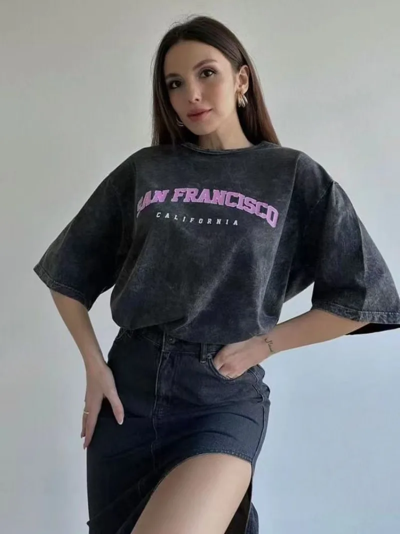 San Francisco Print American Vintage Black Casual T Shirts Women High Street Casual T Shirt 2024 Summer Oversized T Shirt New