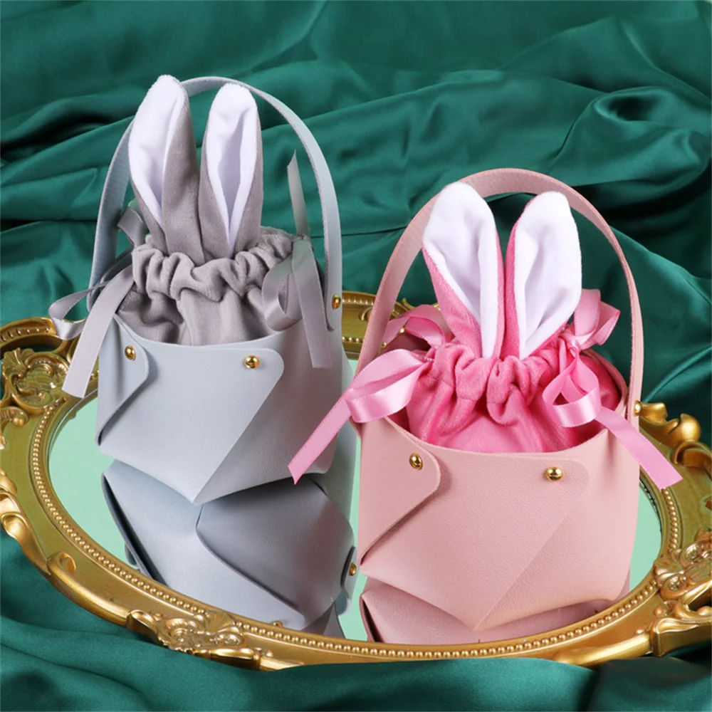 Easter Gift Bag With Bucket Bunny Ears Gift Packing Bags Party Pu Leather Favor Basket Candy Bag For Easter Celebrations Dropsh