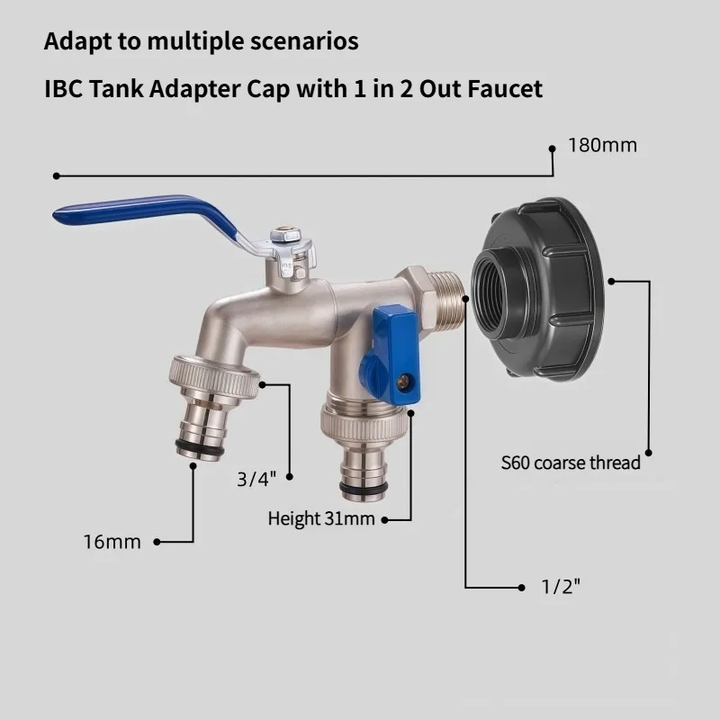 Blue iBC Tank Adapter Cap 1 in 2 Out Dual Nozzle Faucet – Multifunctional Water Dispenser for Large Drums