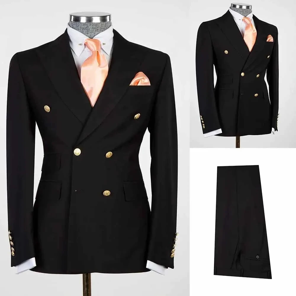 

Black Men Suits Double Breasted Gold Buttons Flat Regular Length 2 Piece Jacket Pants Formal Wedding Groom Prom Full Set