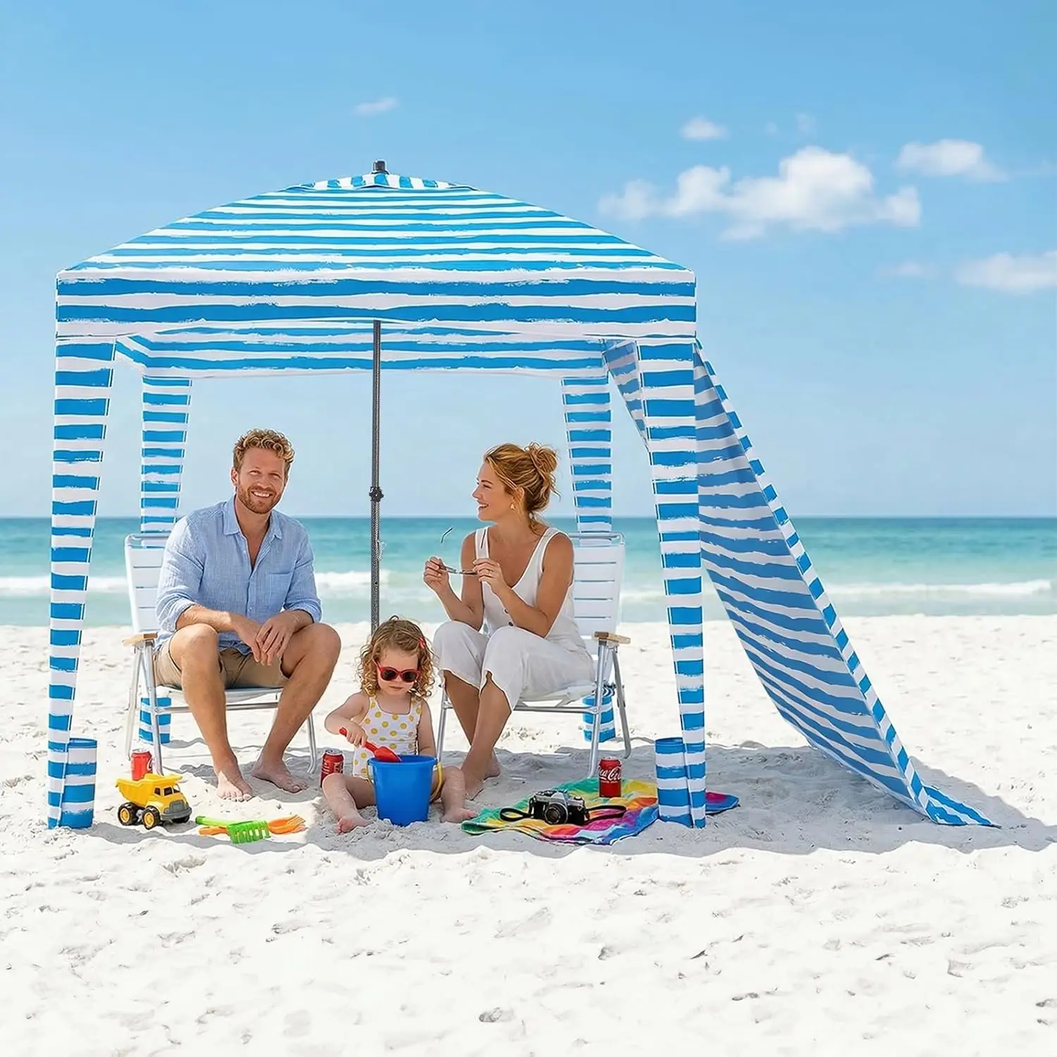 

UPF 50+ Beach Cabana 6x6 ft Sun Shelter with Side Wall, Compact Windproof Tent for Camping, Light Blue Stripes