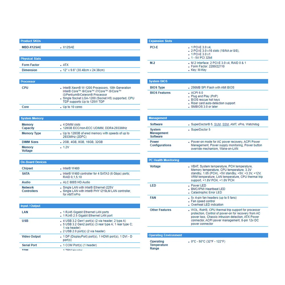 

For Supermicro Workstation Motherboard X12SAE LGA-1200 W-1200 W480 4*SATA3 M.2 Mainboard Perfect Test Good Quality Hot