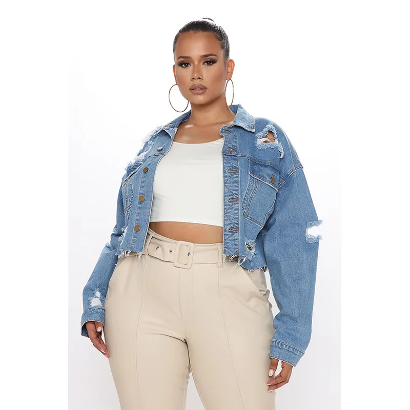 Washed Ripped Denim Short Jacket. New Fashionable Loose Casual Lapel Long-sleeved Denim Jacket for Women in Spring and Autumn