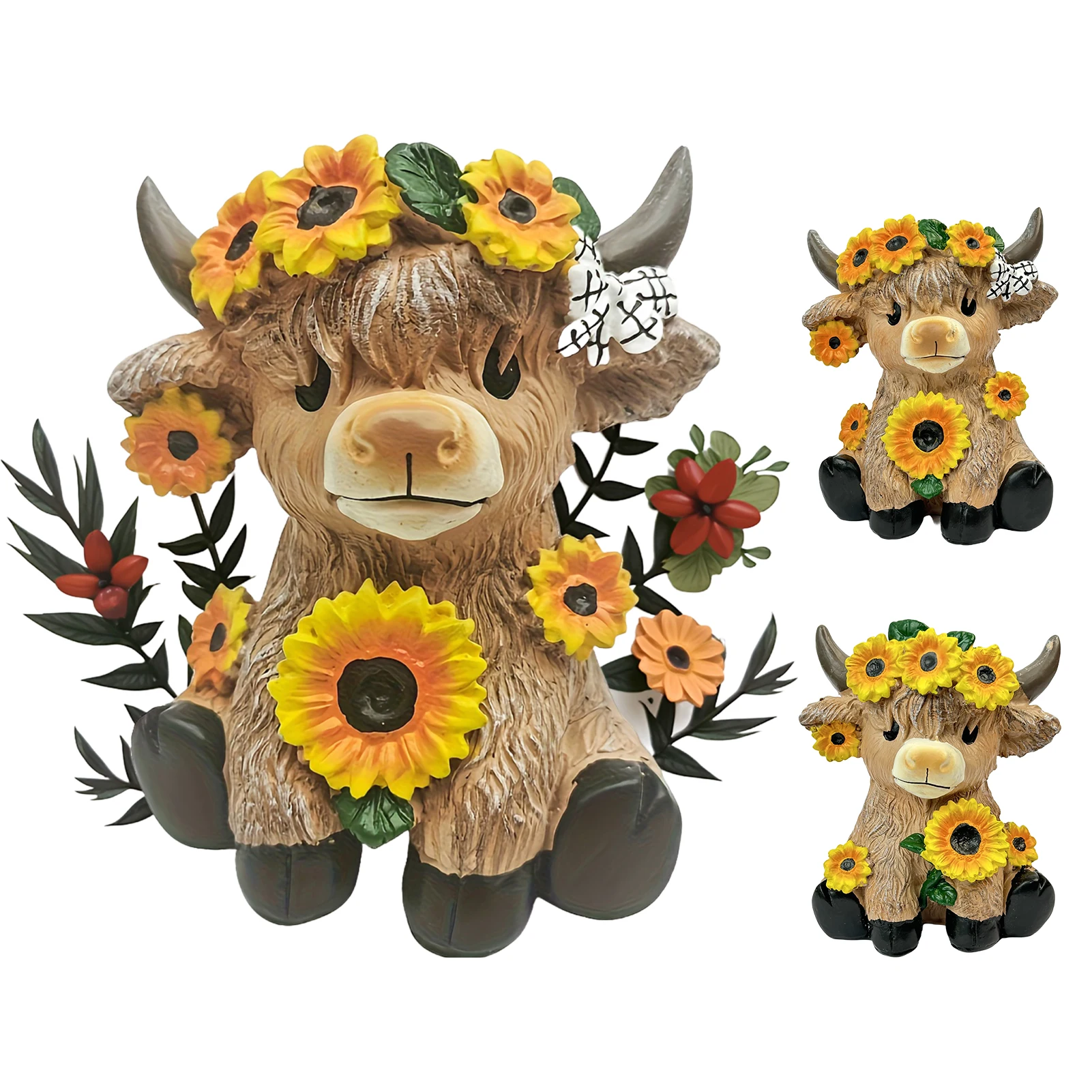 

Cute Little Cow Ornament Sunflower Highland Cattle Decorative Resin Flower Pot For Garden Courtyard Greenhouse Decoration Prop