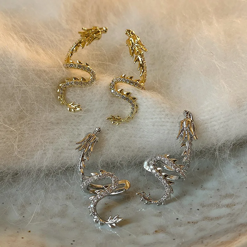 1 Set Zircon Dragon Shaped Earrings, Niche Personality, No Ear Hole, Ear Bone Clip, Versatile and Fashionable Ear Clip Earrings 