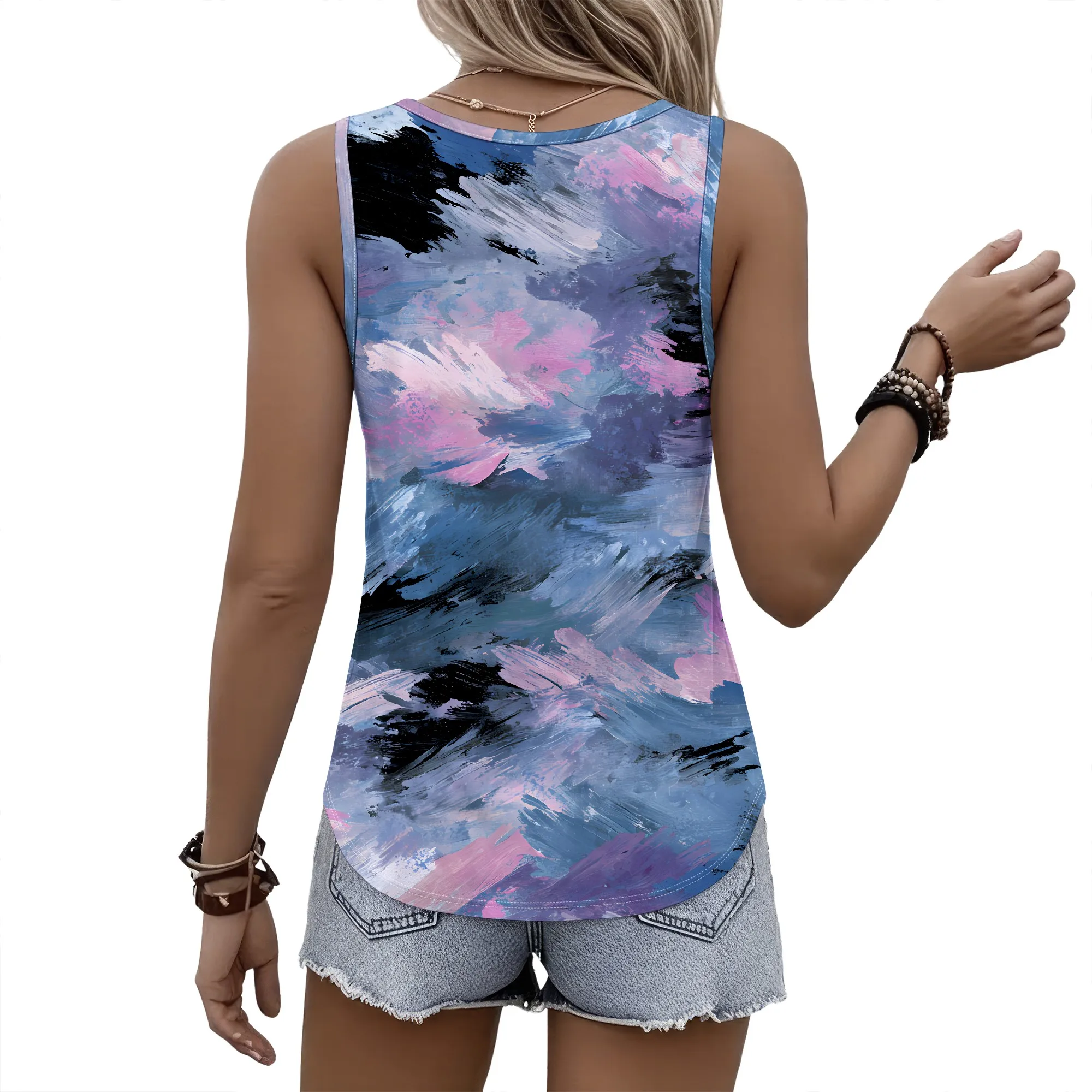 Abstract Print Tank Top, Watercolor Brushstroke Sleeveless Shirt, Casual Summer Blouse, Vacation Beach Wear, S-2XL