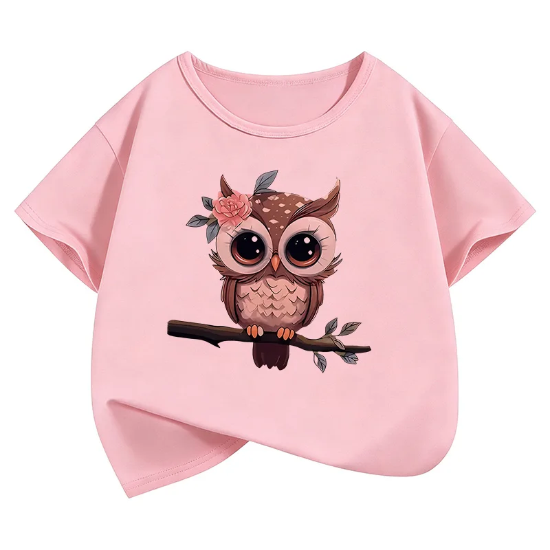 Spring Kid Teen Tshirt Short Sleeved Cartoon Owl Print Comfortable Casual Tops Tees Children's Clothing Boys and Girls T-shirt