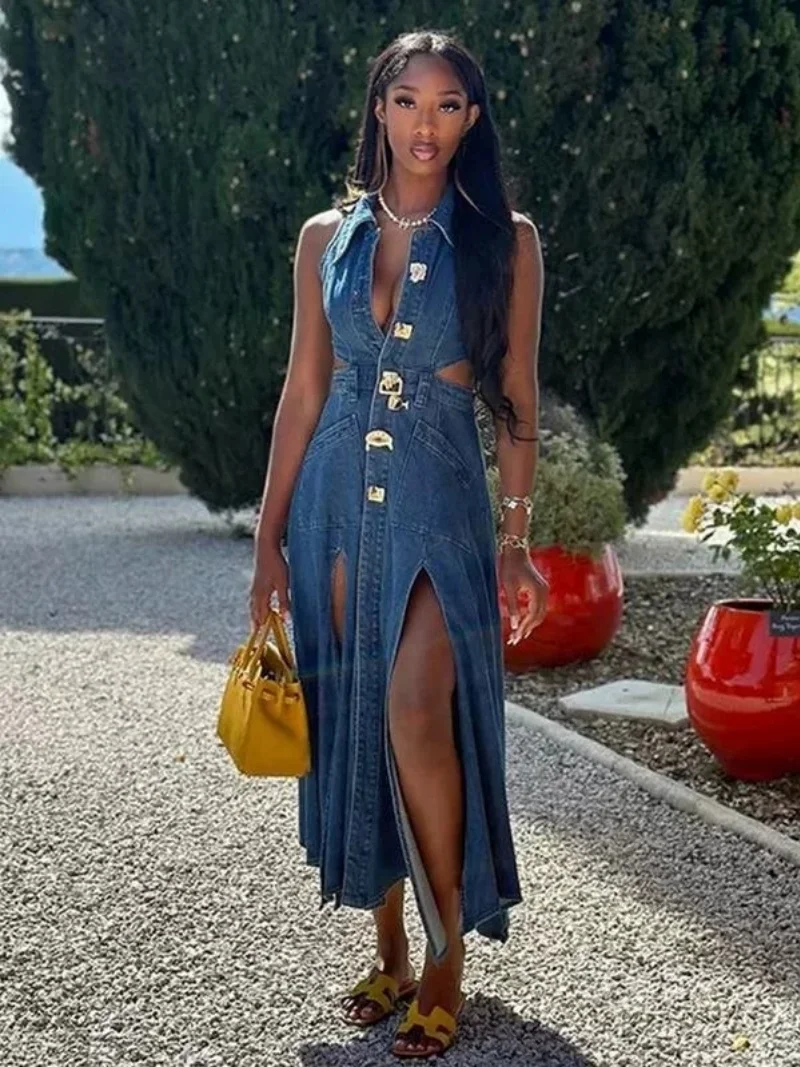 스트릿웨어 데님 드레스 여름 여성 의류 민소매 컷아웃 하이 슬릿 롱 드레스 이브닝 파티 클럽 청 드레스
