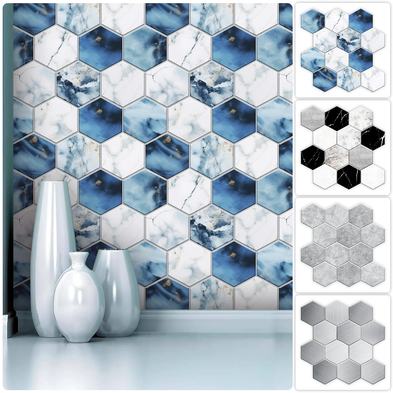 5 Styles Flat Hexagon Marble Embossing Tile Wall Stickers Oil-Proof Kitchen & Bathroom Washbasin Glossy Surface Decorative Mural
