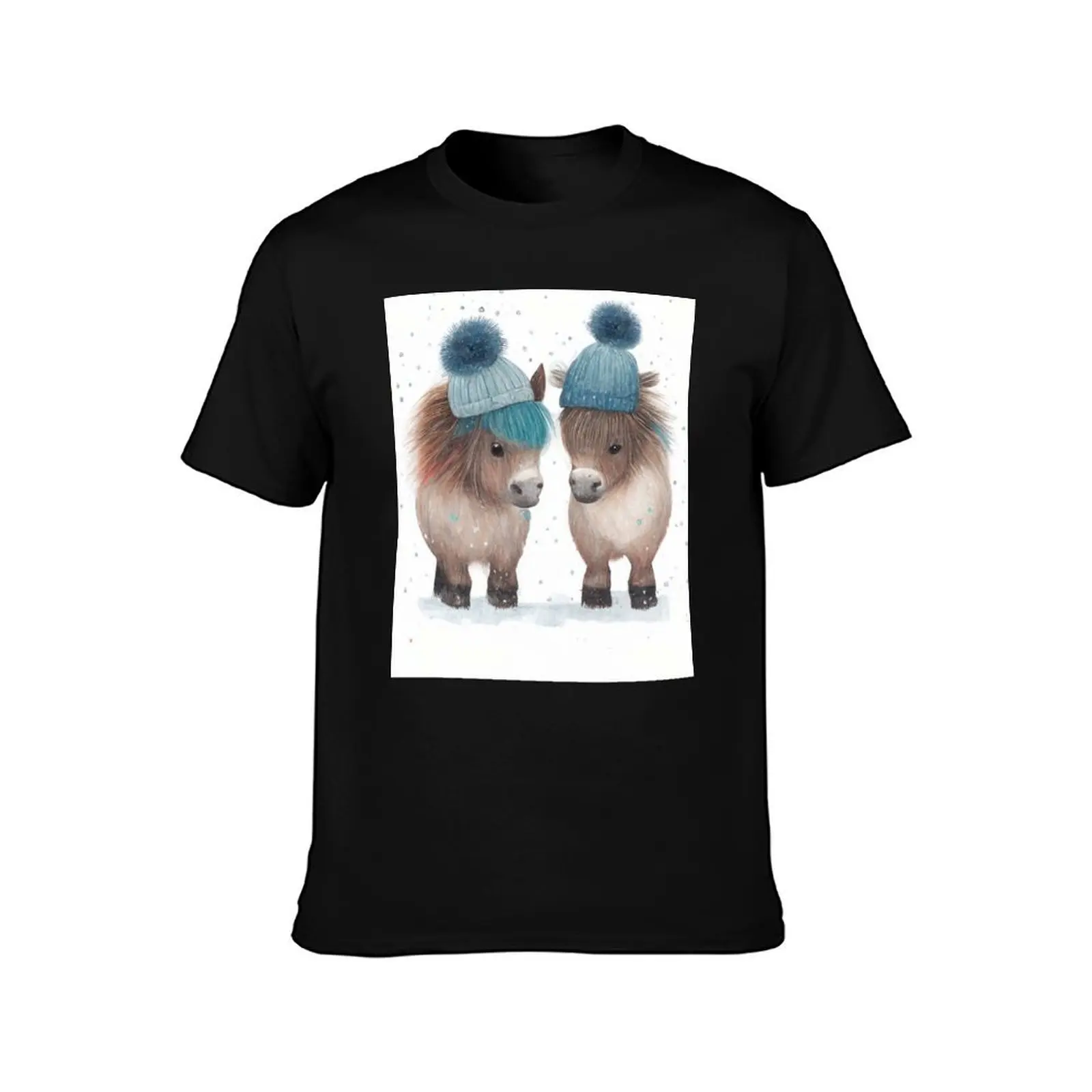 Adorable Pony Friends in the Snow Wearing Pom Pom Hats T-Shirt Sweat Absorbing Sports Tee Shirt