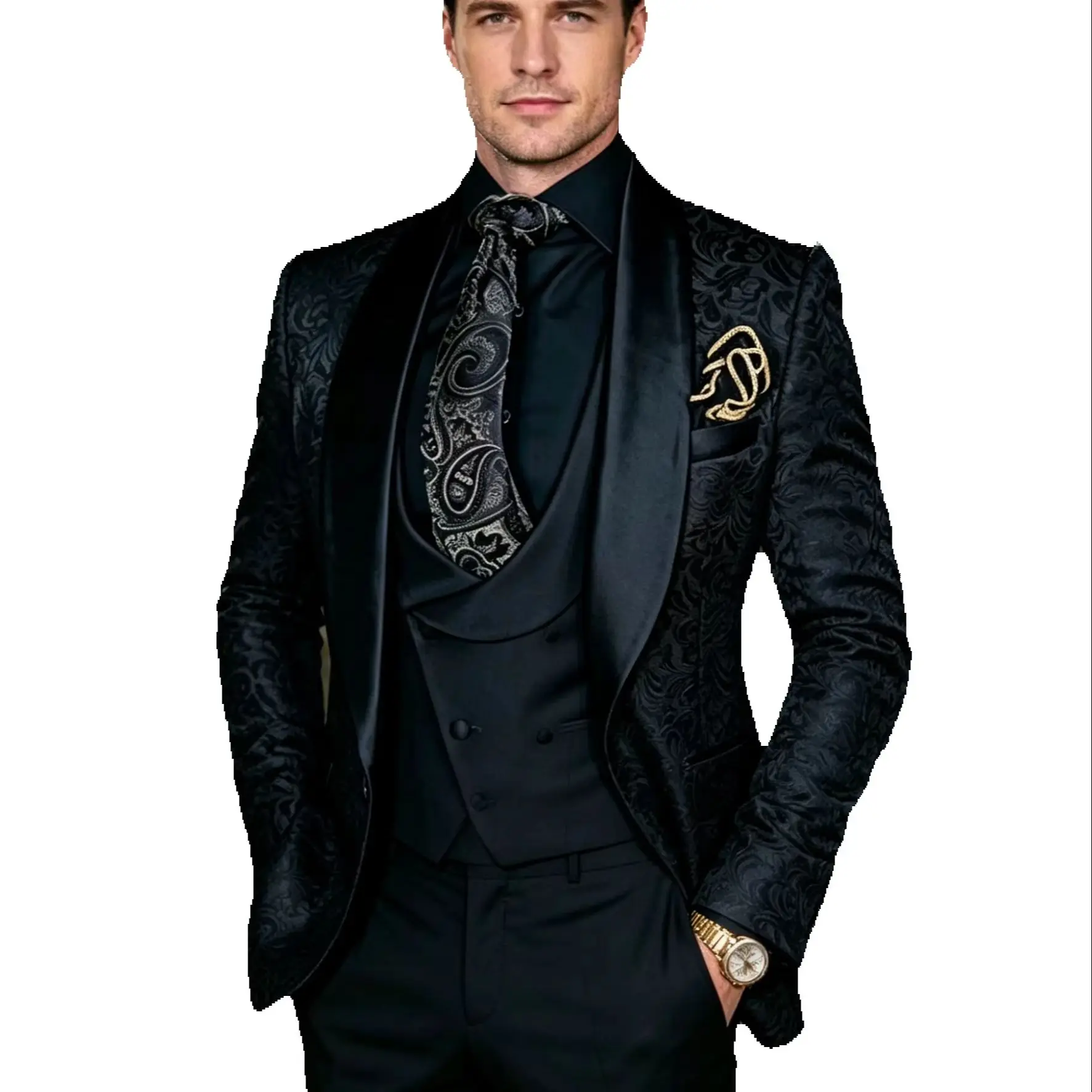 

Fashion Men's Formal Business/Wedding Groom Suits Jacquard 3 Pieces Men Suits Shawl Lapel Single Breasted Blazer Vest Trousers