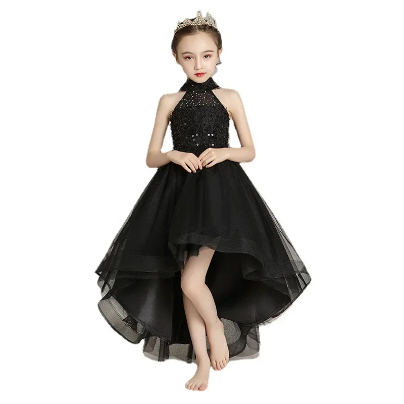 Girls Dress Trailing Black Sleeveless Princess Costume Wedding Party Children Clothes Elegant Pageant Prom Dresses 8 12 14 Year