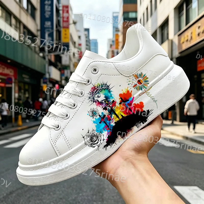 Jesus Art Pattern Printed Thick Bottom White Sneakers Adult Men Women Footwear Platform Casual Daily Street Sports Shoes
