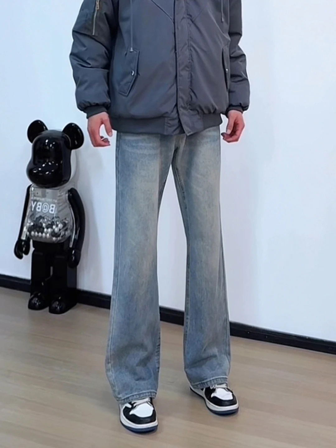 

Retro American Blue Slim Fit Men's Jeans Autumn Winter Fce Lined Flared Pants mid Waist Straight Leg Cleanfit Trousers