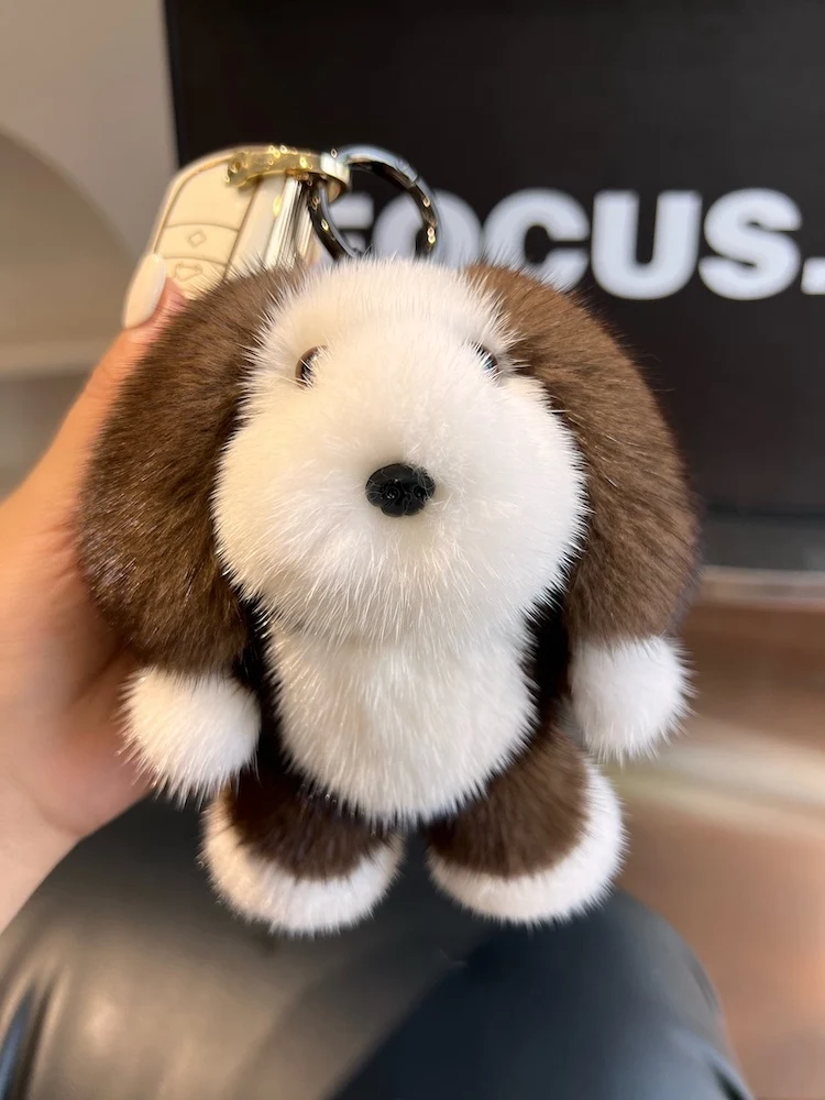 Cute Real Mink Fur Plush Corgi Dog Doll Key Rings Funny Anime Car Keychain Cartoon Clown Keyring Pendant Toys Bag Accessories