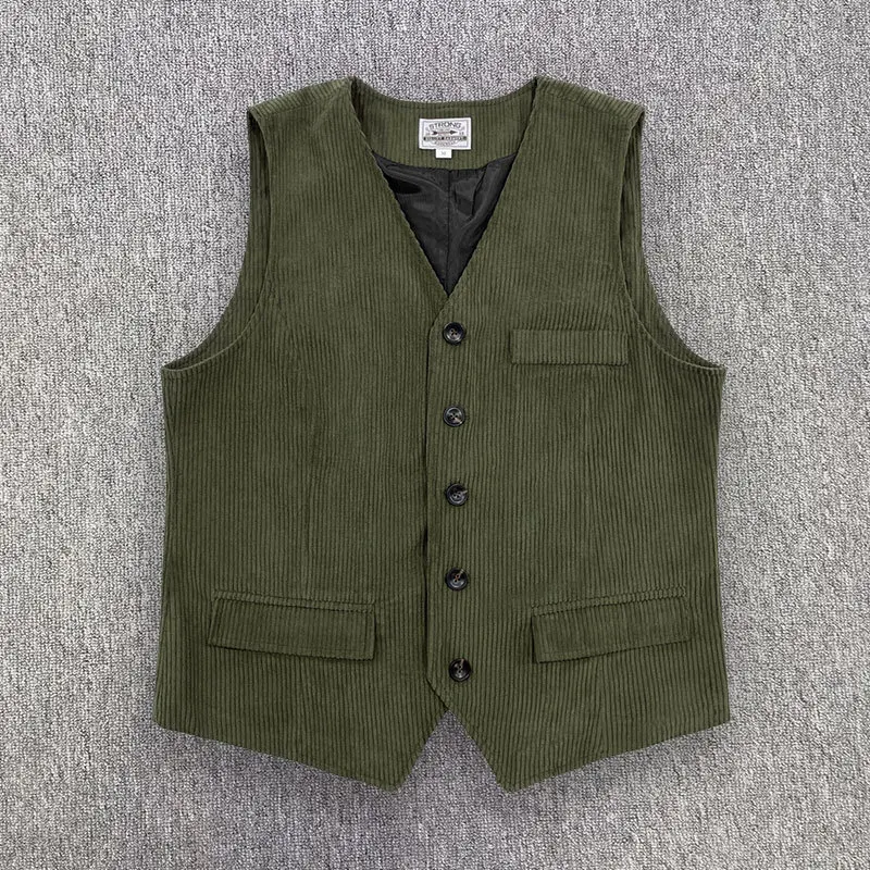 Men Corduroy Button-up Vest Coat Vintage British Style Slim Sleeveless Waistcoat Fashion Gentleman Business Man V-Neck Tank Tops