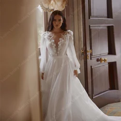Shining Chiffon Women Wedding Dresses Fluffy Long Sleeves A-Line Bridal Gowns 2024 Bright Printing Princess Vestidos De Novias