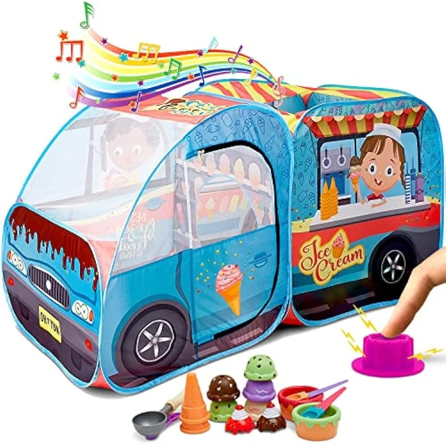 Kiddzery – tente de jeu pour camion de crème glacée, ensemble de jouets de simulation, maison de jeu de glace Pop Up, jouets avec bouton musical, naissance