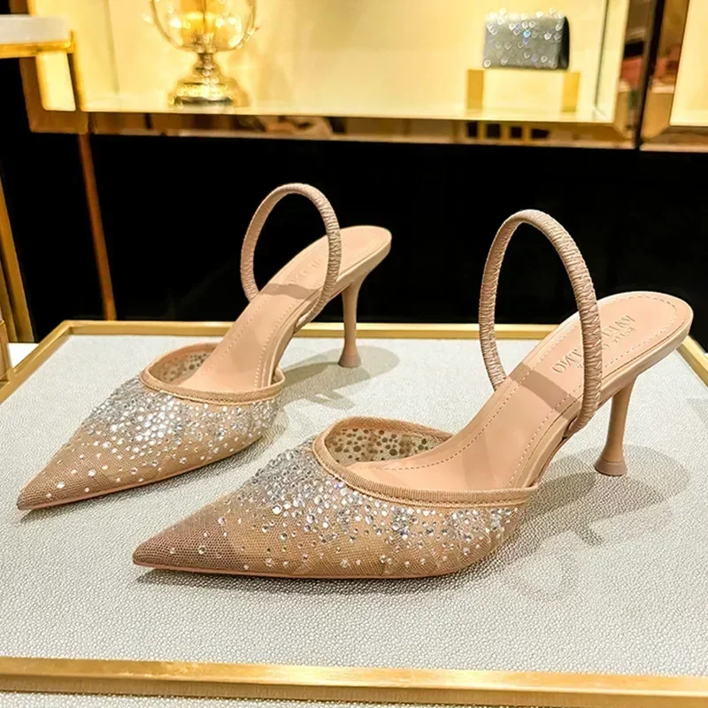 Luxury Designer Shiny Rhinestone Mesh Heeled Sandals Women Summer Sexy Pointed Toe Slingbacks Thin High Heels Elegant Dress Shoe