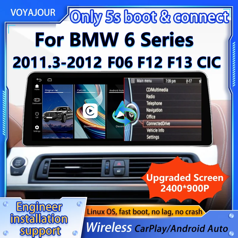 Actualización 2400*900p para BMW Serie 6 F06 F12 F13 CIC 2011-2013 Reproductor Multimedia para Auto Pantalla HD Carplay Inalámbrico Android Auto LINUX
