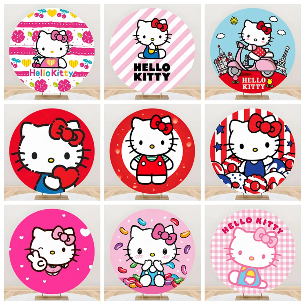 

Hello Kitty Multi Style Round Background Cloth Cherry Flowers Love Color Stripes Children Birthday Party Baby Shower Decoration