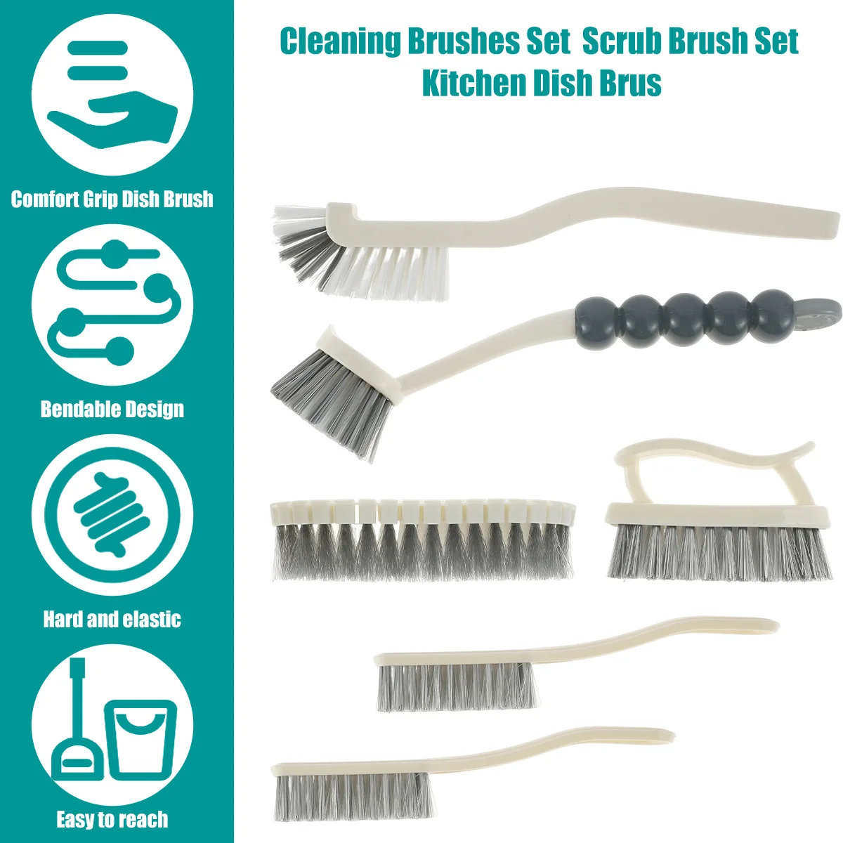 6Pcs Home Cleaning Brushes Set Multifunction Long Handle Brush Kitchen Dish Brush with Comfortable Grip Bendable Scrub Brush