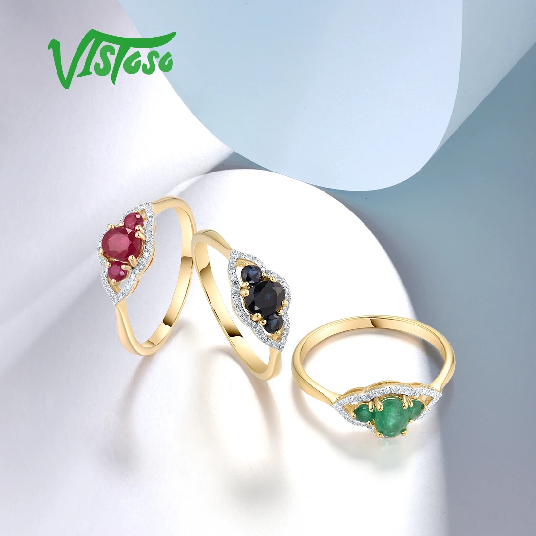 VISTOSO Pure 14K 585 Yellow Gold Rings For Women Sparkling Diamond Ruby/Emerald/Blue Sapphire Exquisite Wedding Fine Jewelry