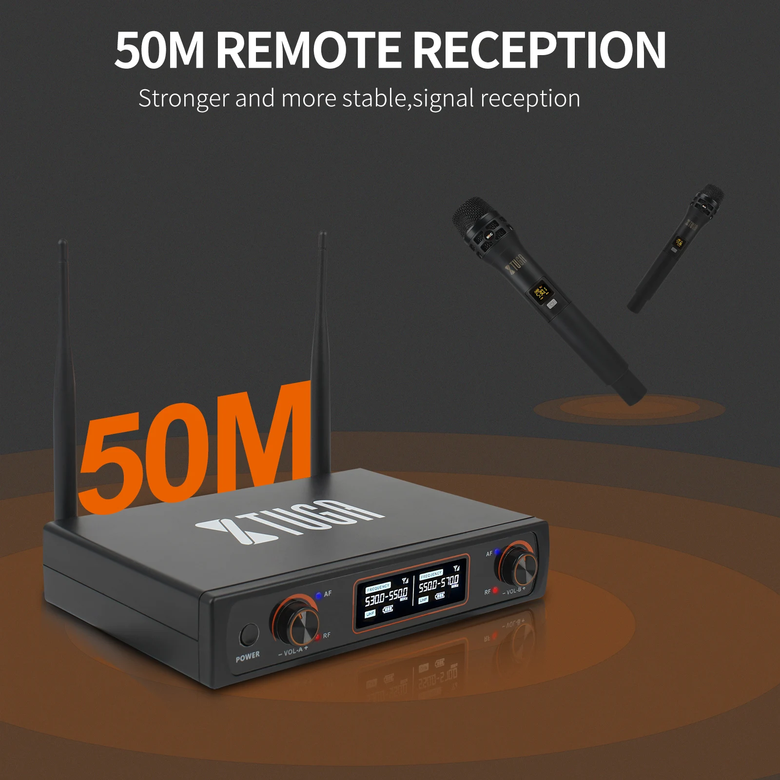 XTUGA-profissional sistema de microfone sem fio, dois microfones portáteis, em canais duplos, sistema sem fio para Karaoke Stage