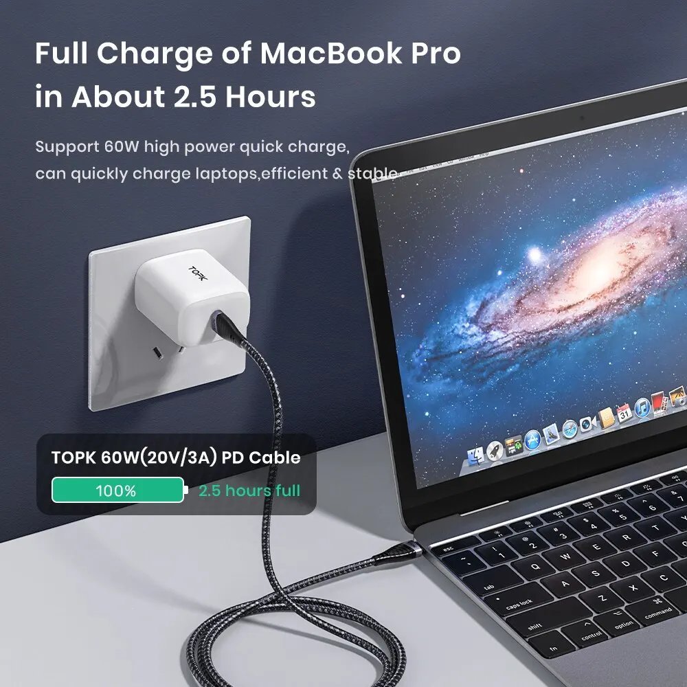 TOPK 60W USB C To Type C Cable PD Fast Charging Charger Cable Data Cord For Macbook Huawei Xiaomi POCO Samsung USB-C Cable image 2