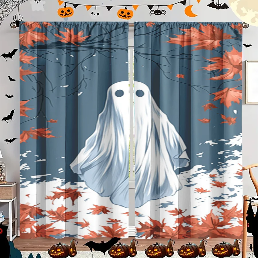 2PCS Digital Print Curtain, White Sheet Ghost Autumn Leaves, Grey Background Halloween Fun Style for Living Room Bedroom Decor